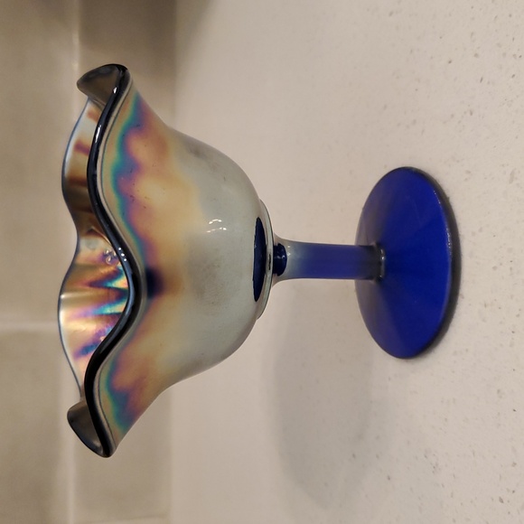 Fenton Other - Fenton Rib and Holly Sprig Blue Carnival Comport